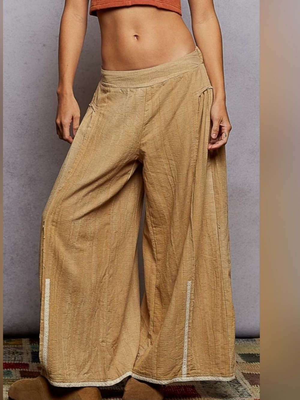 New: POL Boho Lace Trim Detail Linen Blend Tan Wide Leg Pants• Small